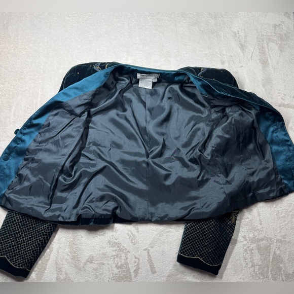 Vintage Worth Silk Blend Dark Teal Velvet Embroidered Celestial Blazer Size 4P - Picture 8 of 17